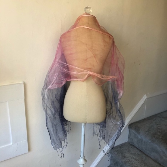 Pure Silk Sheer Art to Wear Lagenlook Multicolor Fringe Trim Scarf NWOT 66”x16” - Picture 4 of 8